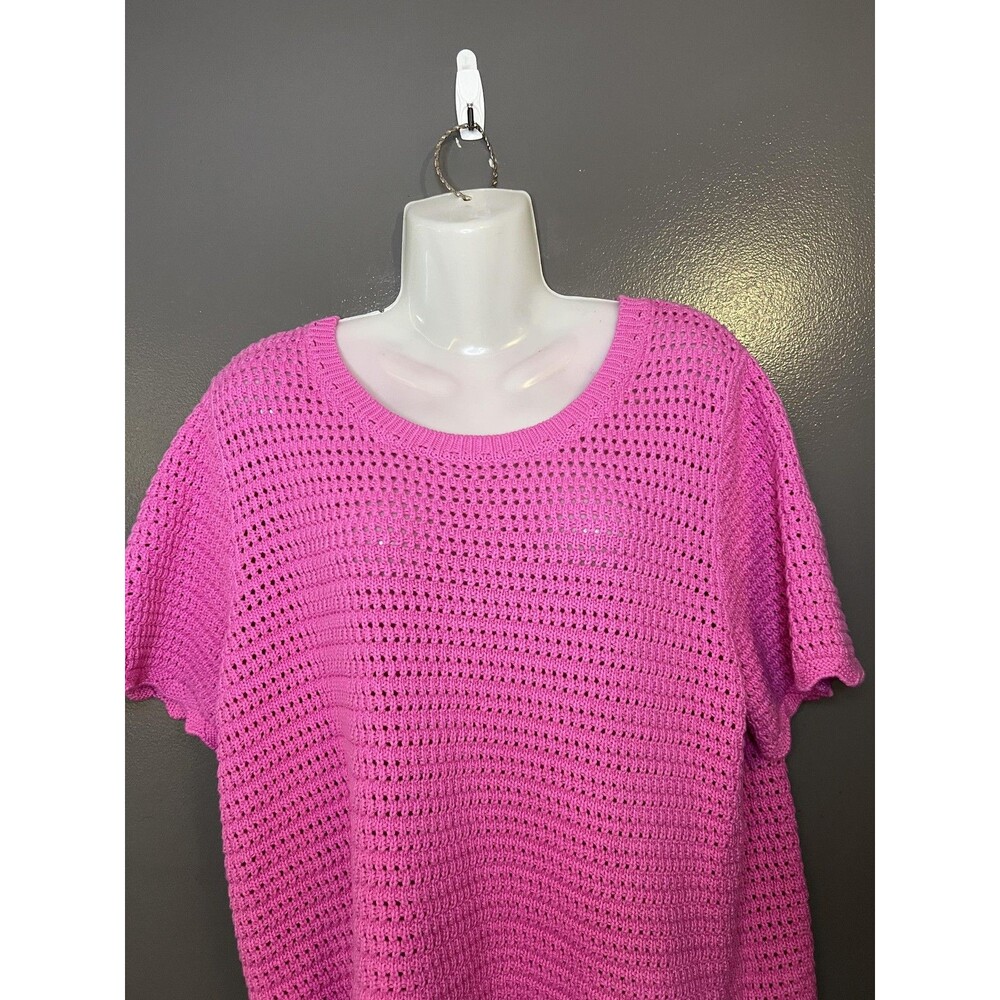 GAP Sweater Womens XL Pink Crochet Short Sleeve Scoop Neck Open Knit Pullover